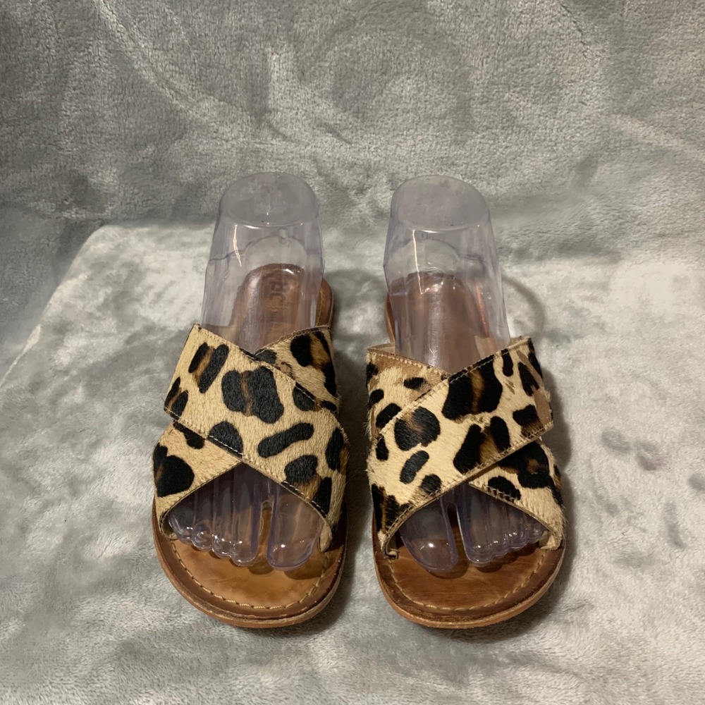BC Footwear Leopard Print Calf Hair Crisscross Slide Sandals Brown Womens 7.5